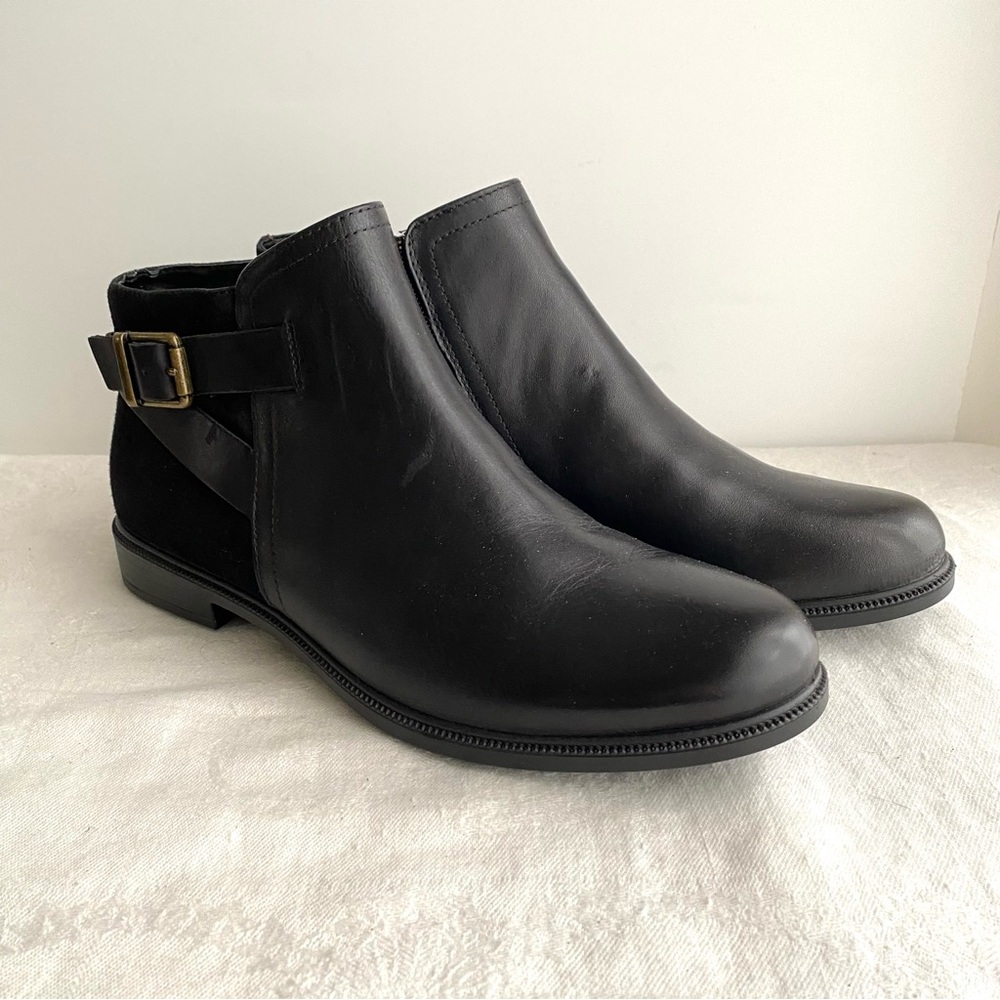 Black Leather Harness Ankle Boots, Size 10, NWT